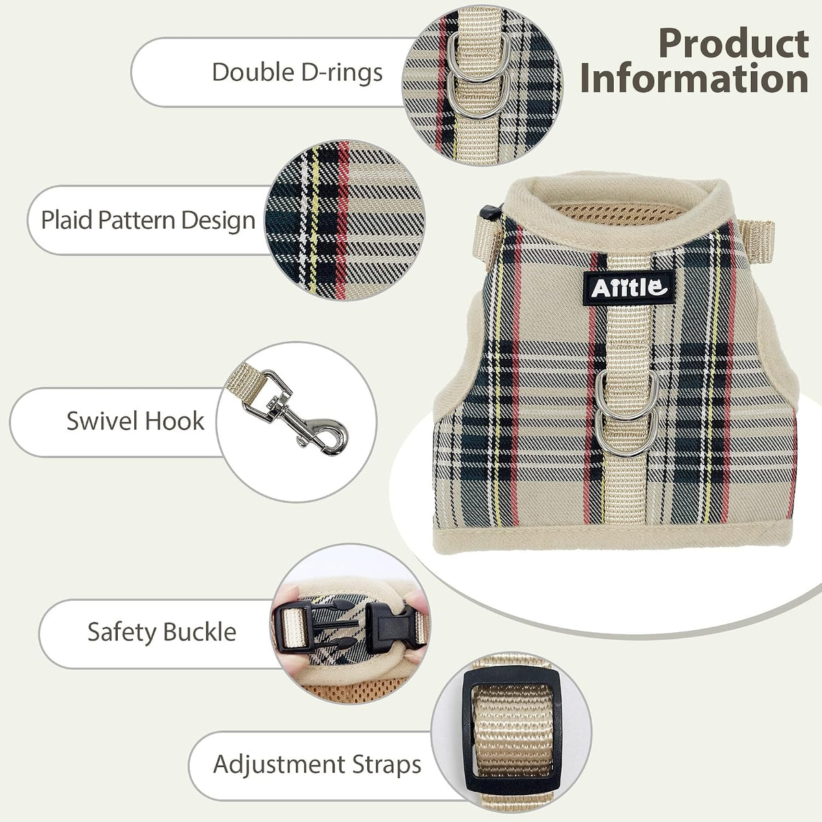 Plaid Breathable Rabbit Harness and Leash Set Escape Proof - Beige / M - image 4