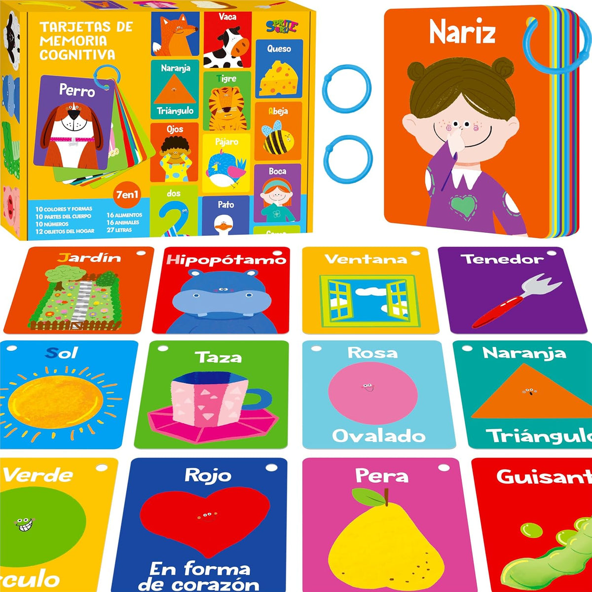 SpriteGru Spanish flashcards for toddlers with colorful cartoon images on rings - view 10