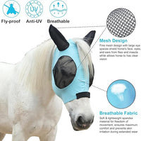 Stretchy Horse Fly Mask with Ears, Soft Lycra Equine Mesh Mask with UV Protection Face Cover, Pacific Blue, Full