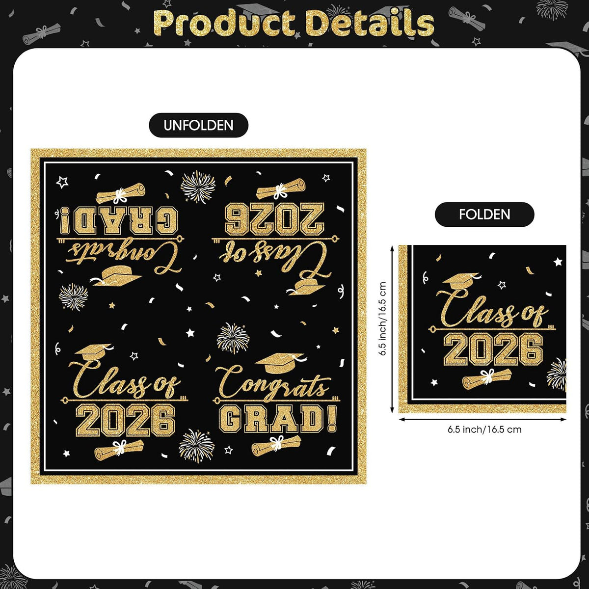 PERFQU Class of 2026 graduation napkins in blue and gold with cap and tassel design - view 24