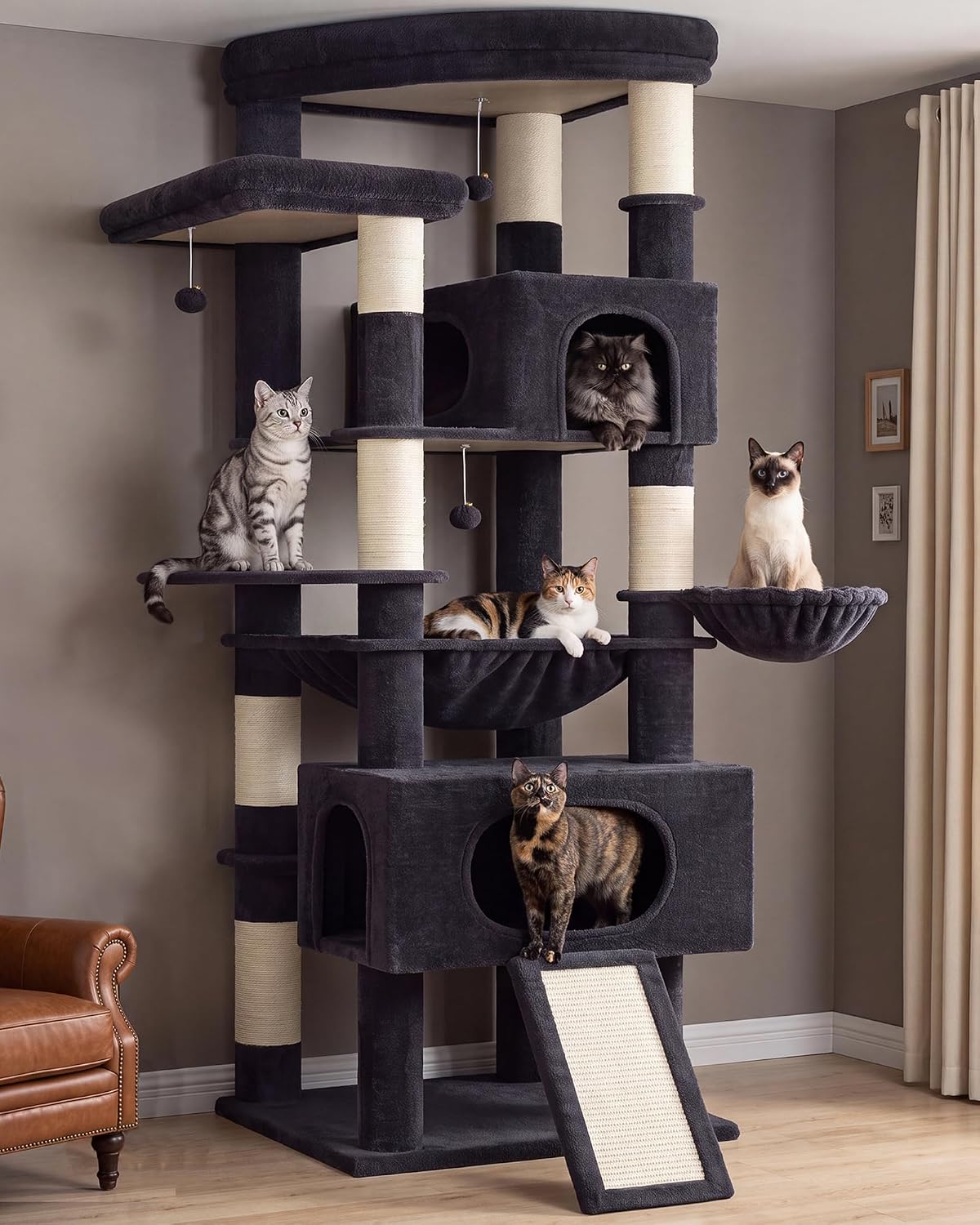 Cat Tree, 74" Tower for Large Cats, Big Condo & Hammock GCT030G – Essentials for Cats - 78.7 inch / Smoky gray