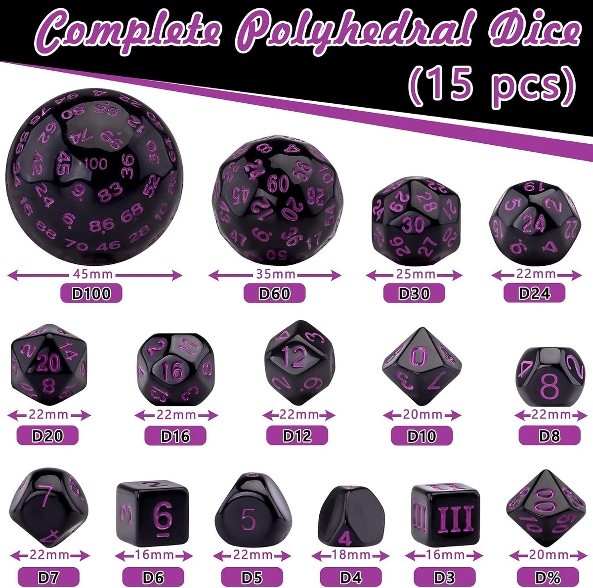 AUSTOR 15 Pieces Complete Polyhedral Dice Set D3-D100 Game Dice Set – Fun for Kids & Family - Black & Purple - image 2