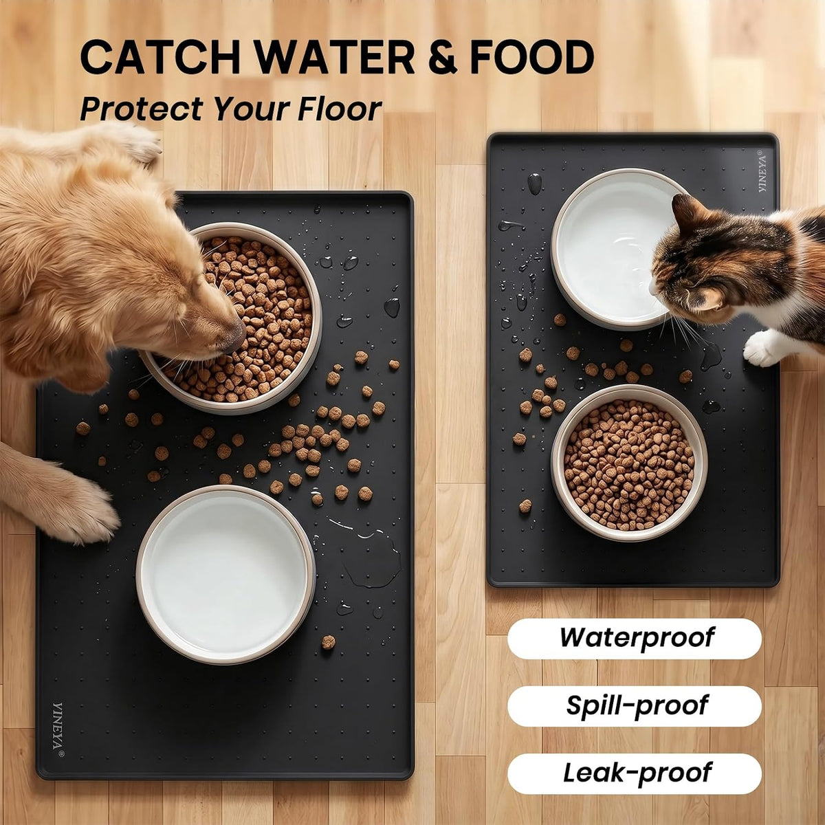 YINEYA 2 Pack Silicone Dog & Cat Food Mat Waterproof 18" x 12" - Black / 22" x 14" - image 2