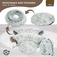 Large Cat Tunnel Bed for Indoor Cats Warm Fluffy Plush Cat Cave Tunnel Bed Collapsible, Washable, 3 Way and Multifunctional with Dangling Balls for Cats, Kittens and Rabbits- Brown