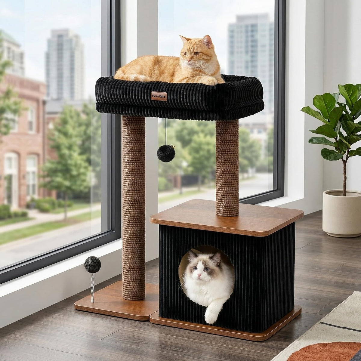 29" Small Cat Tree, Boho Wood Cat Tower with Sisal Scratching Post – Essentials for Cats - Walnut Finish / Medium