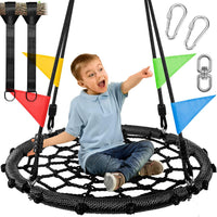 Odoland 43 inch black spider web tree swing with padded steel frame and adjustable ropes