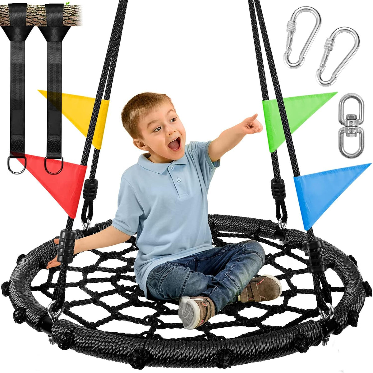 Odoland 43 inch black spider web tree swing with padded steel frame and adjustable ropes