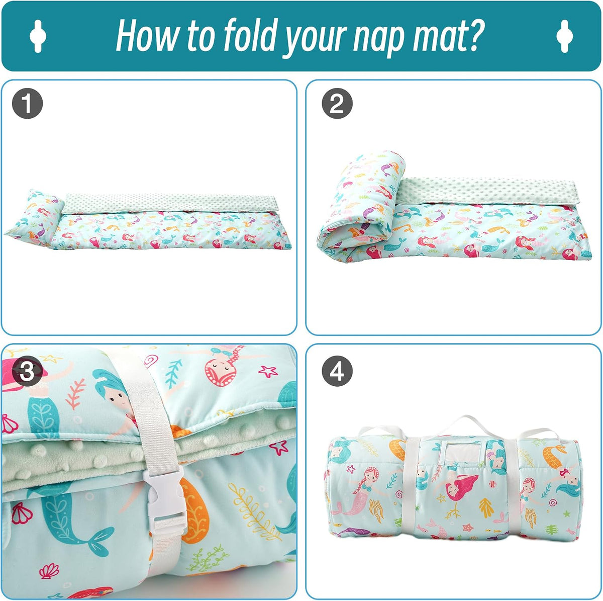 Bunnikins & Clover Toddler Nap Mat with Removable Pillow - Mermaid - image 2