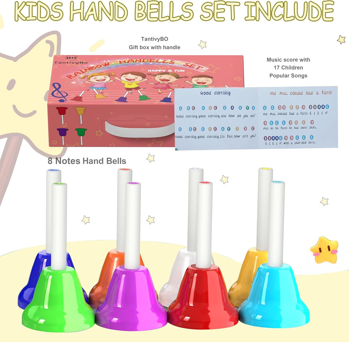 TantivyBo 8 note multicolored hand bells set with 17 song book for kids - view 2