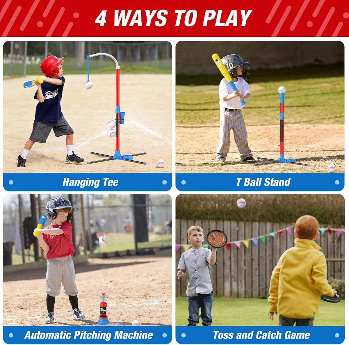 QDRAGON 4-in-1 T ball set for kids with bats, softballs, tee stand and catch paddles - view 4