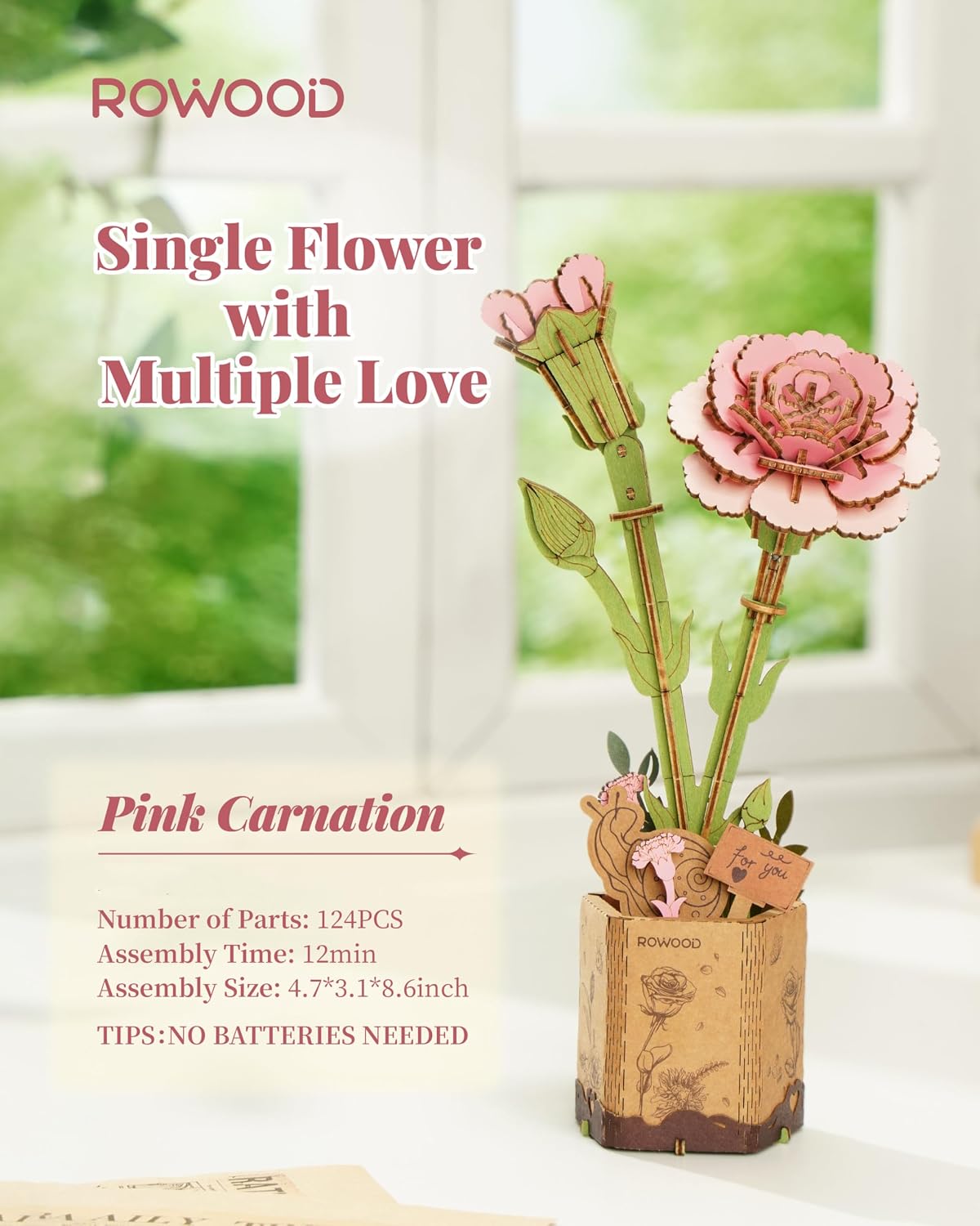 rowood 3D Puzzles for Adults - Pink Carnation - image 3