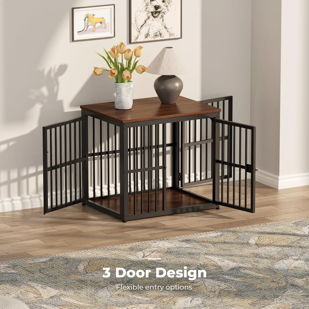 Lyromix 48'' XXL Dog Crate Furniture with 3 Doors for Large Dogs – Essentials for Dogs - Walnut / 26.9"L x 20.9"W x 24.0"H - image 3