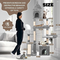 Large Cat Tree Tower for Large Cats, Cat Scratching Post, Self Grooming Post, Interactive Cat Toys, Oversized Perch and Basket, Heavy Duty 72", Light Grey