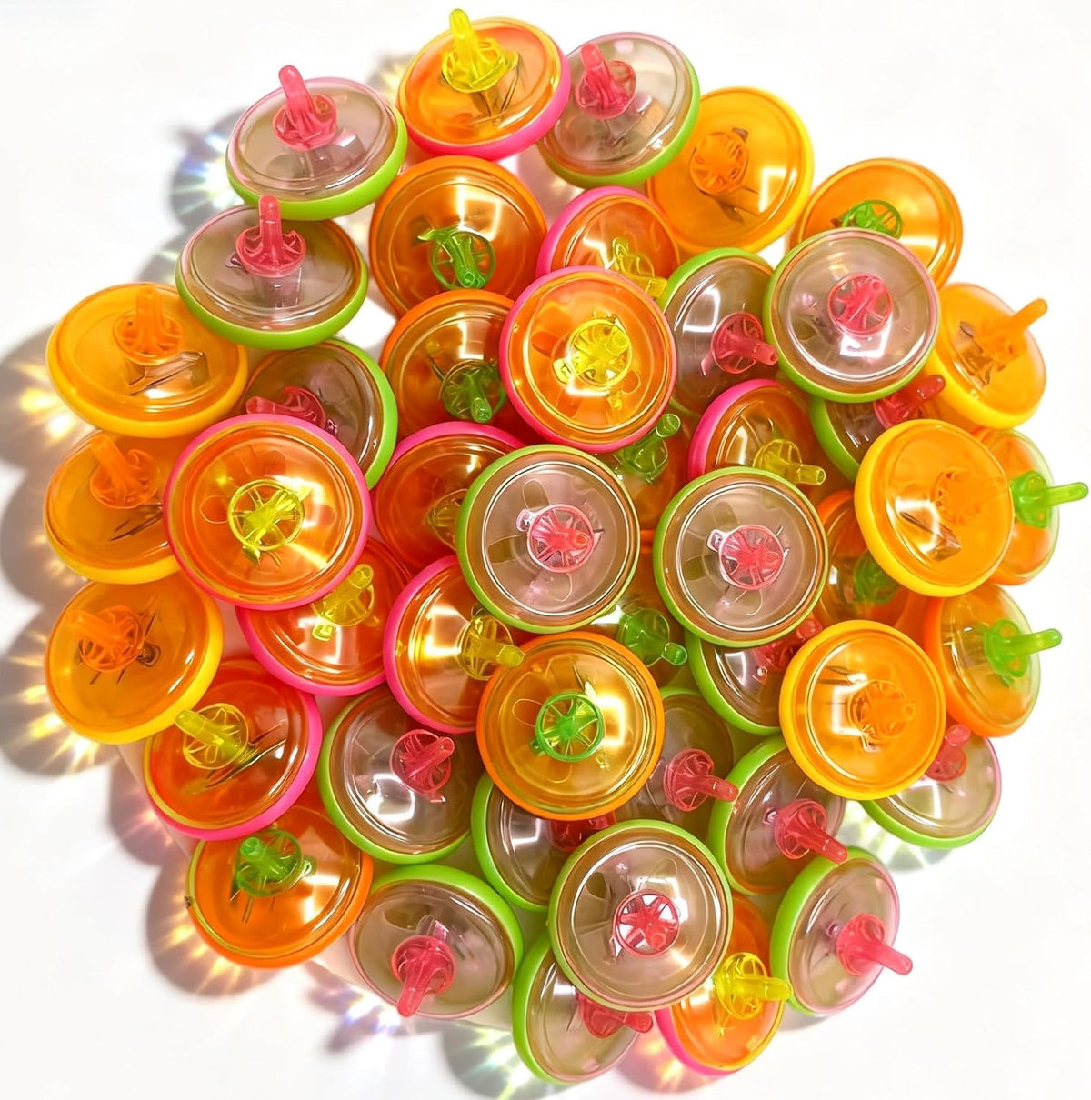PROLOSO light up spinning tops, 100 pack of LED mini tops in orange, green, yellow and pink - view 4