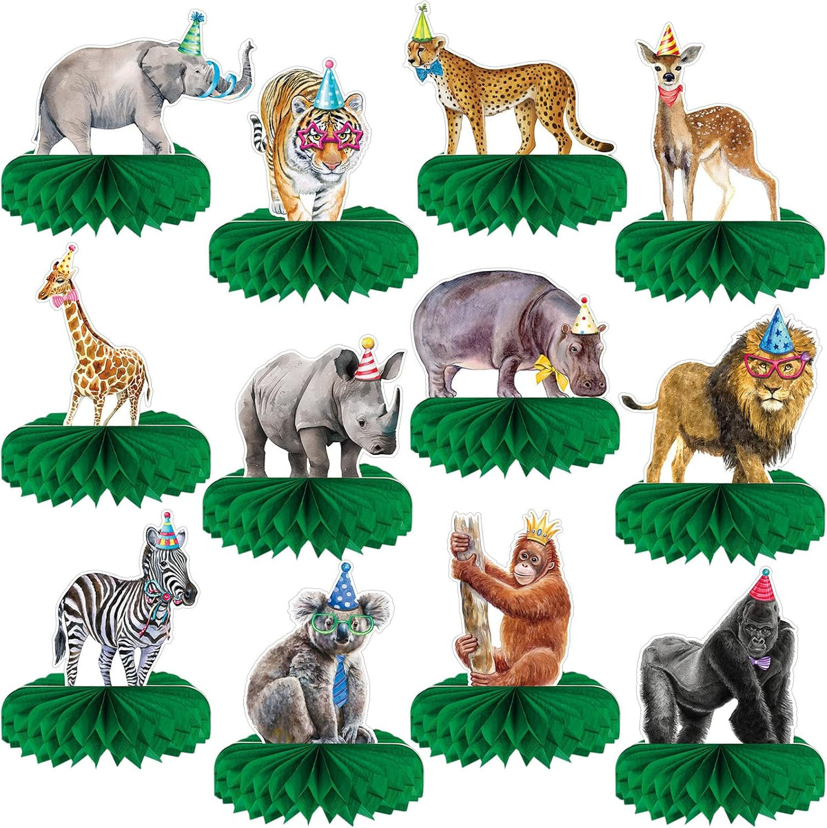 Yeaqee 12 safari animal honeycomb centerpieces with giraffe and monkey