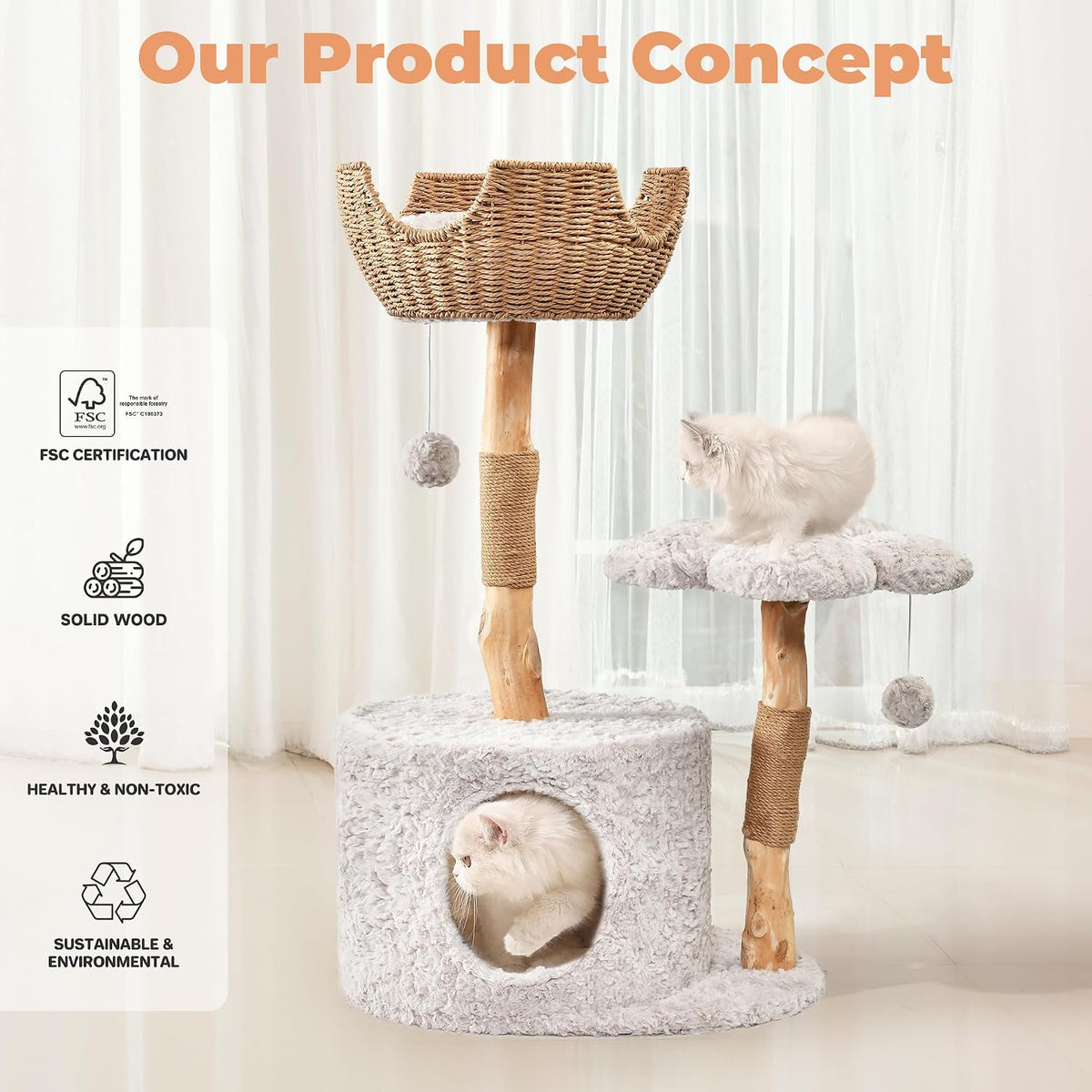 Easyego Modern Cat Tree, 26.3" Aesthetic Wood Cat Tree Tower for Small Cats – Essentials for Cats - Bullet Gray / 39.3'' - image 4