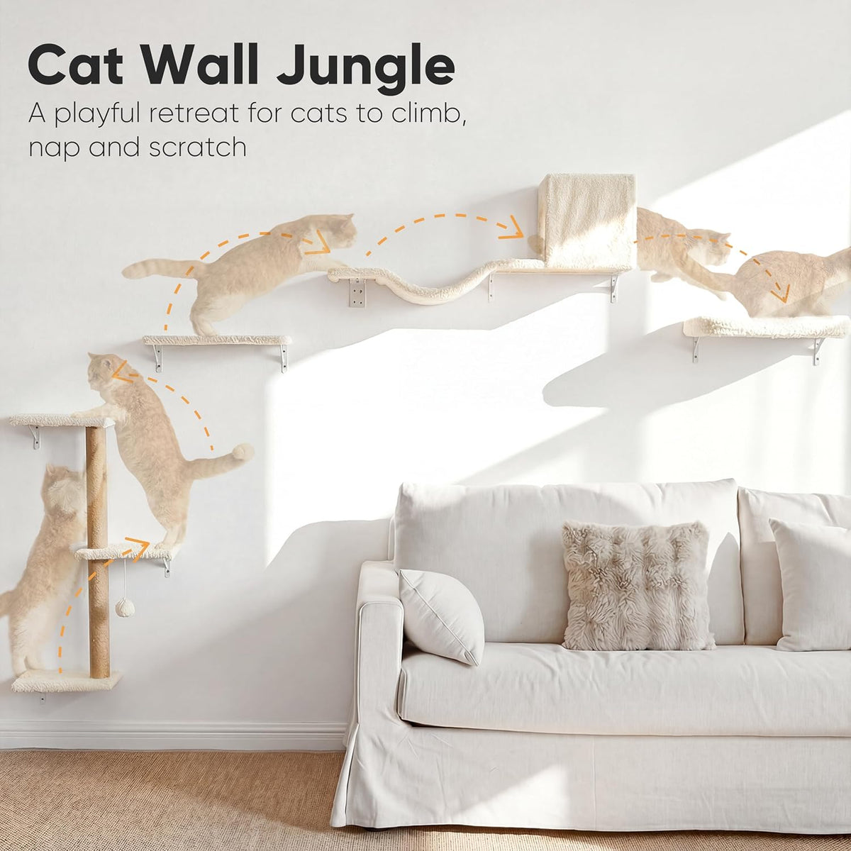 FUKUMARU Cat Wall Shelves - Beige / 4-Piece Set with Hammock - image 2