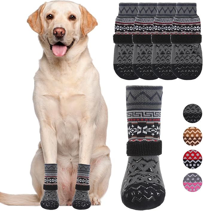 KOOLTAIL Dog Socks to Prevent Licking Paws for Hardwood Floors Anti Slip, Winter Warm Pet Boots&Paw Protector with Grippers, Double Sides Dog Shoes Booties for Small Medium Large Senior Dogs Grey M