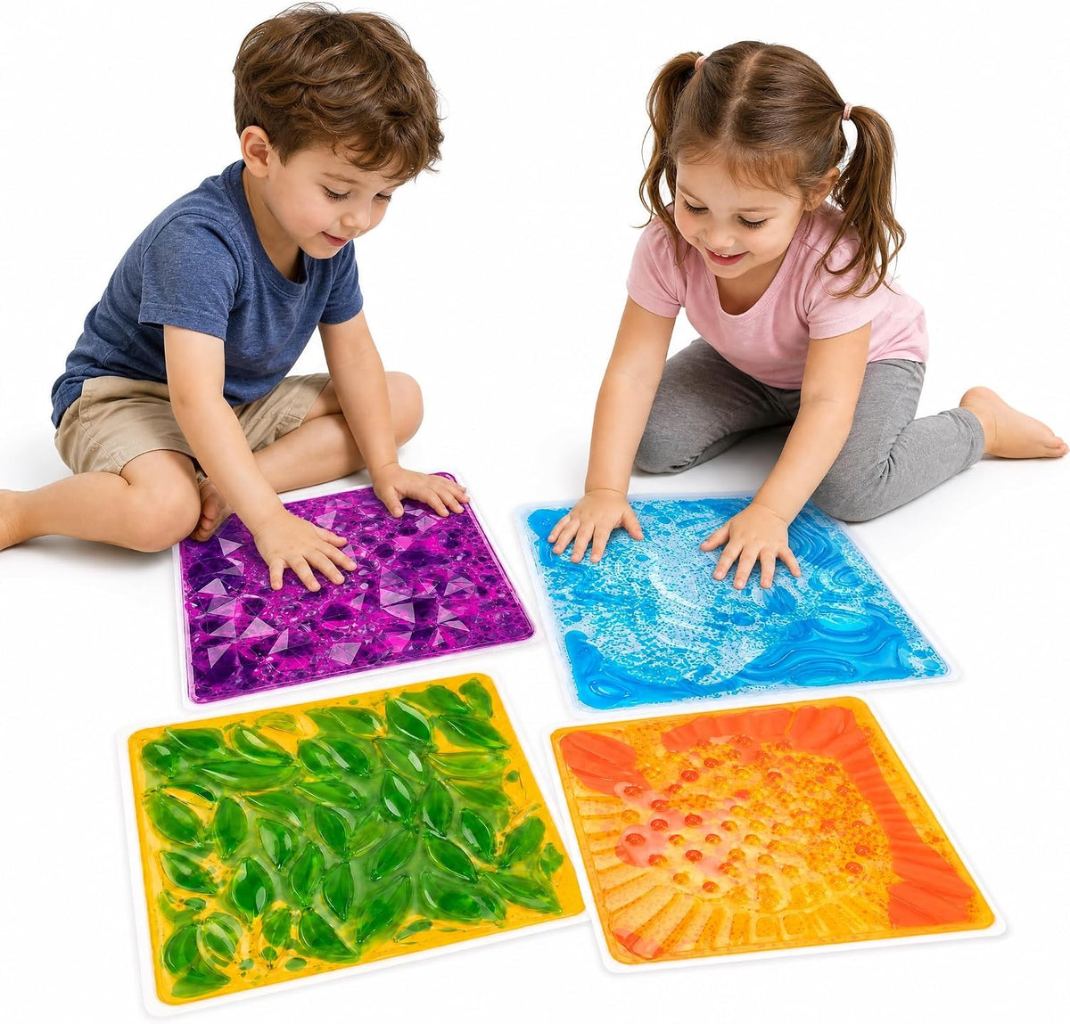 edusense 4 pack of 11.8 inch liquid sensory floor tiles with moving multicolor gel and non-slip base - view 3