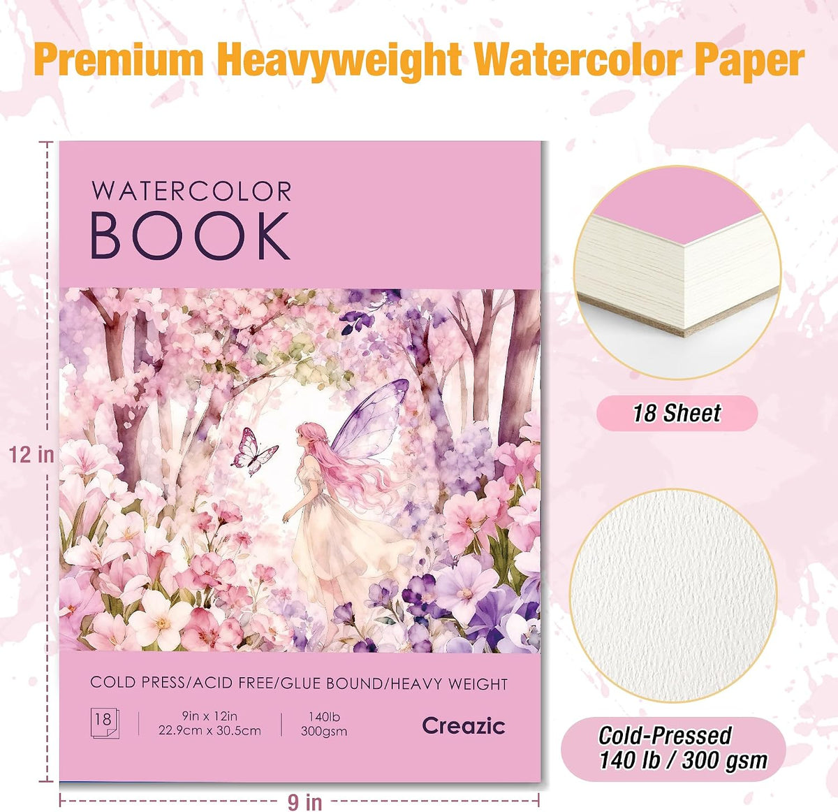 Watercolor Paper Pad, 5.5"x8.5”, Spiral, Bound with Tear - Pink / 9" x 12" Glue Bound - image 3