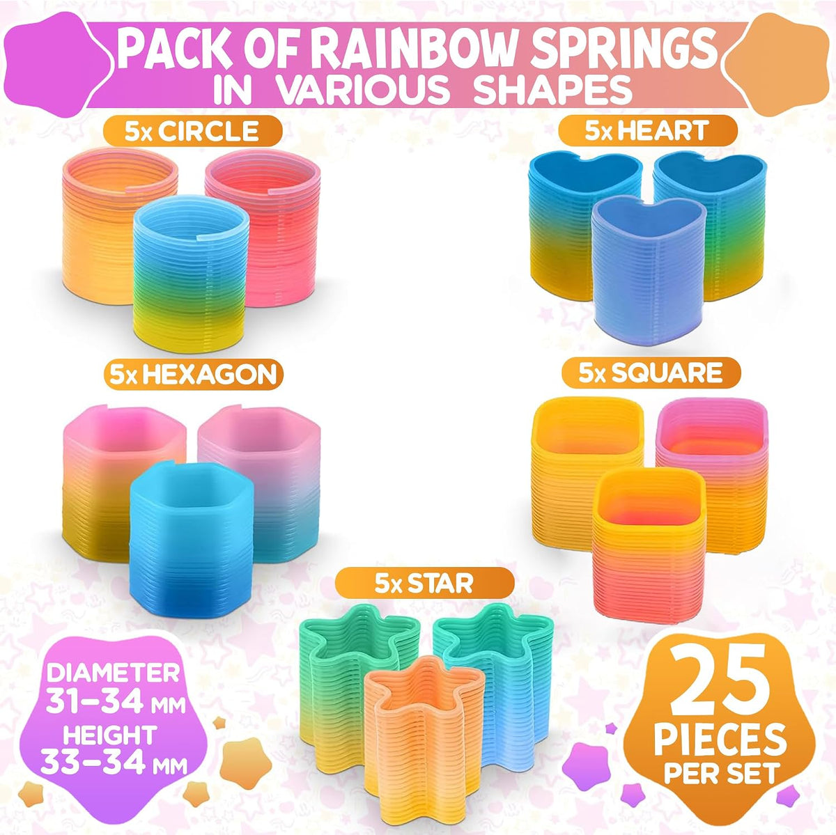 DIMROM mini spring toys in rainbow colors shaped like hearts, stars, circles, squares and hexagons - view 2