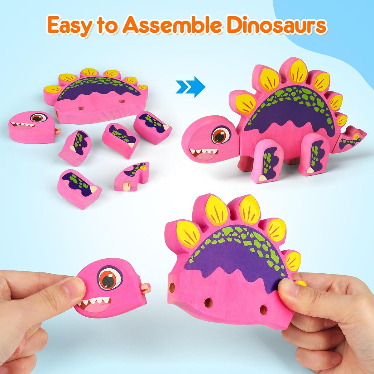 Mocoosy wooden dinosaur painting art and craft kit with 28 wood pieces, paints, brushes and stickers - view 3