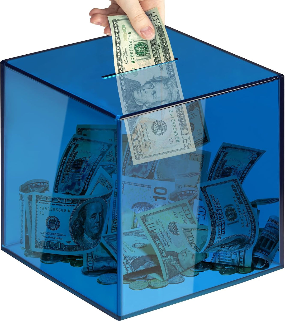 Piggy Bank for Adults Must Break to Open Acrylic Clear Piggy Bank - Blue Cube / 15x15CM