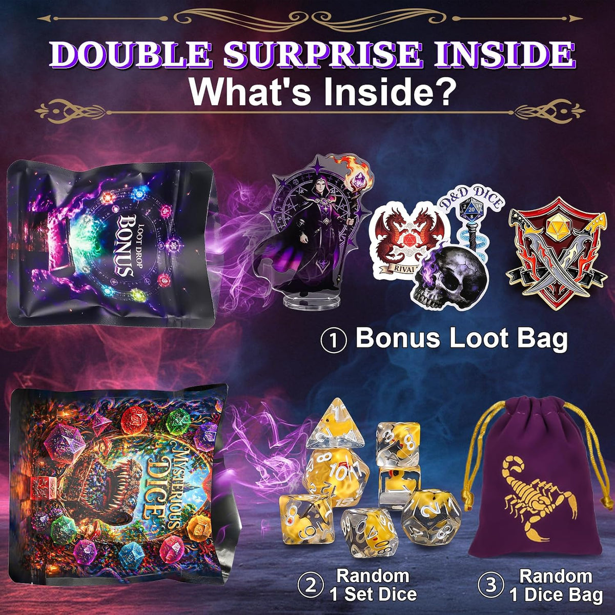 QMAY Mystery Dice Set – 7 Pcs Acrylic Polyhedral Dice + 1 Pcs Velvet Bag – Fun for Kids & Family - 1 bag Resin Dice + Bonus - image 2