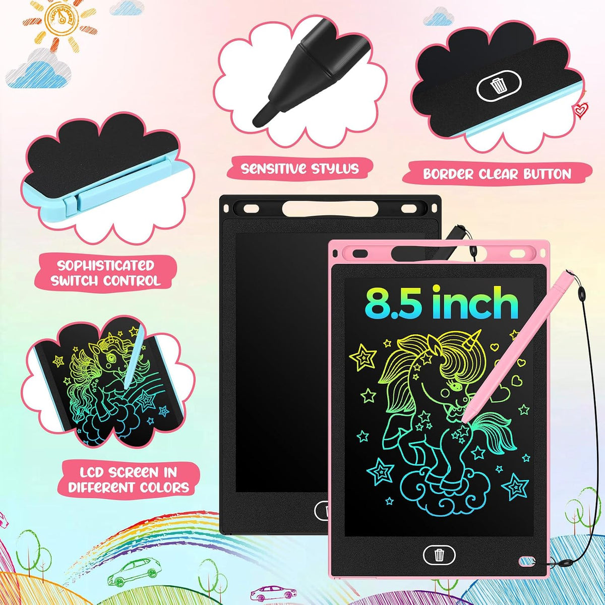 Tinlade 12 Pack LCD Writing Tablet for Kids - Pink, Light Blue, White, Black / 8.5 Inch - image 2