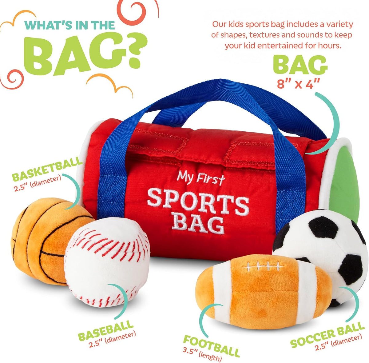Kidaddle Kid's First Sports Bag with plush football, soccer ball and baseball toys - view 2