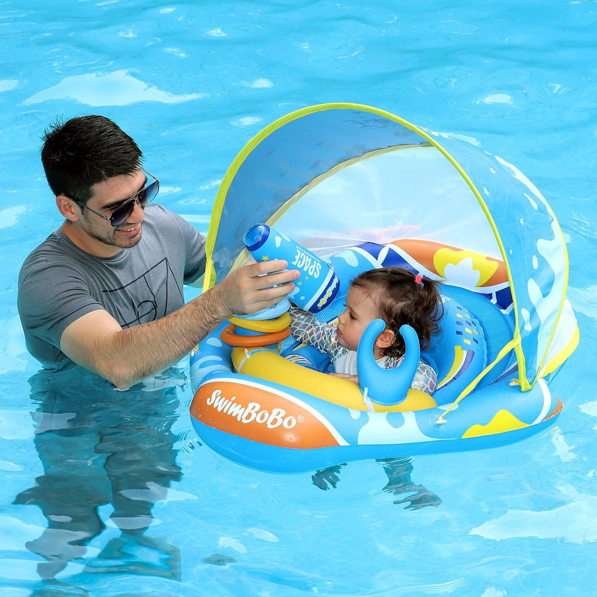 Swimbobo baby pool float with sun canopy and safety seat, Yellow Dinosaur design - view 4