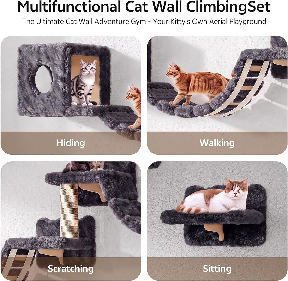 Cat Wall Shelves, 9-in-1 Wood Cat Wall Furniture Set, Burlywood – Essentials for Cats - Grey / 9 Piece Set - image 3