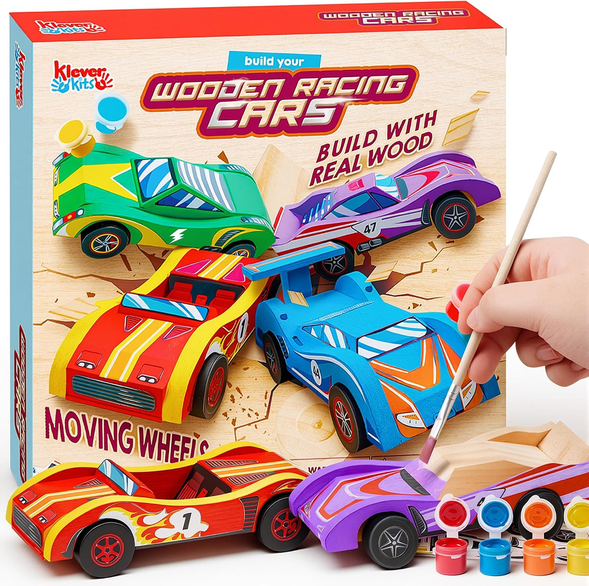 Klever Kits 4 DIY Wooden Race Cars-Build & Paint Your Own Wood Craft - Racing Car