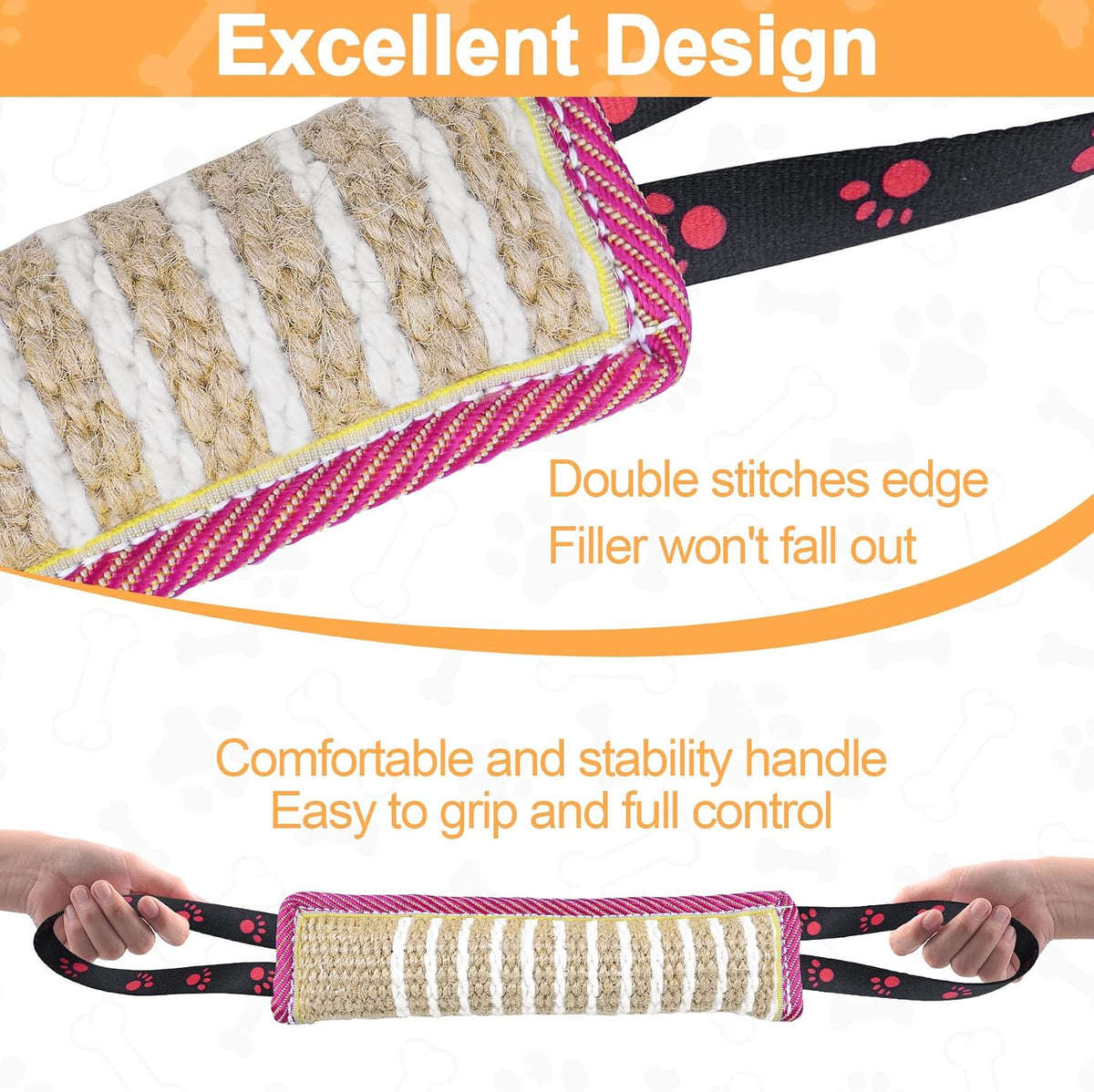 Dog Tug Toy, Dog Bite Jute Pillow Pull Toy with 2 Strong Handles - Pink & Yellow / Footprint - image 4