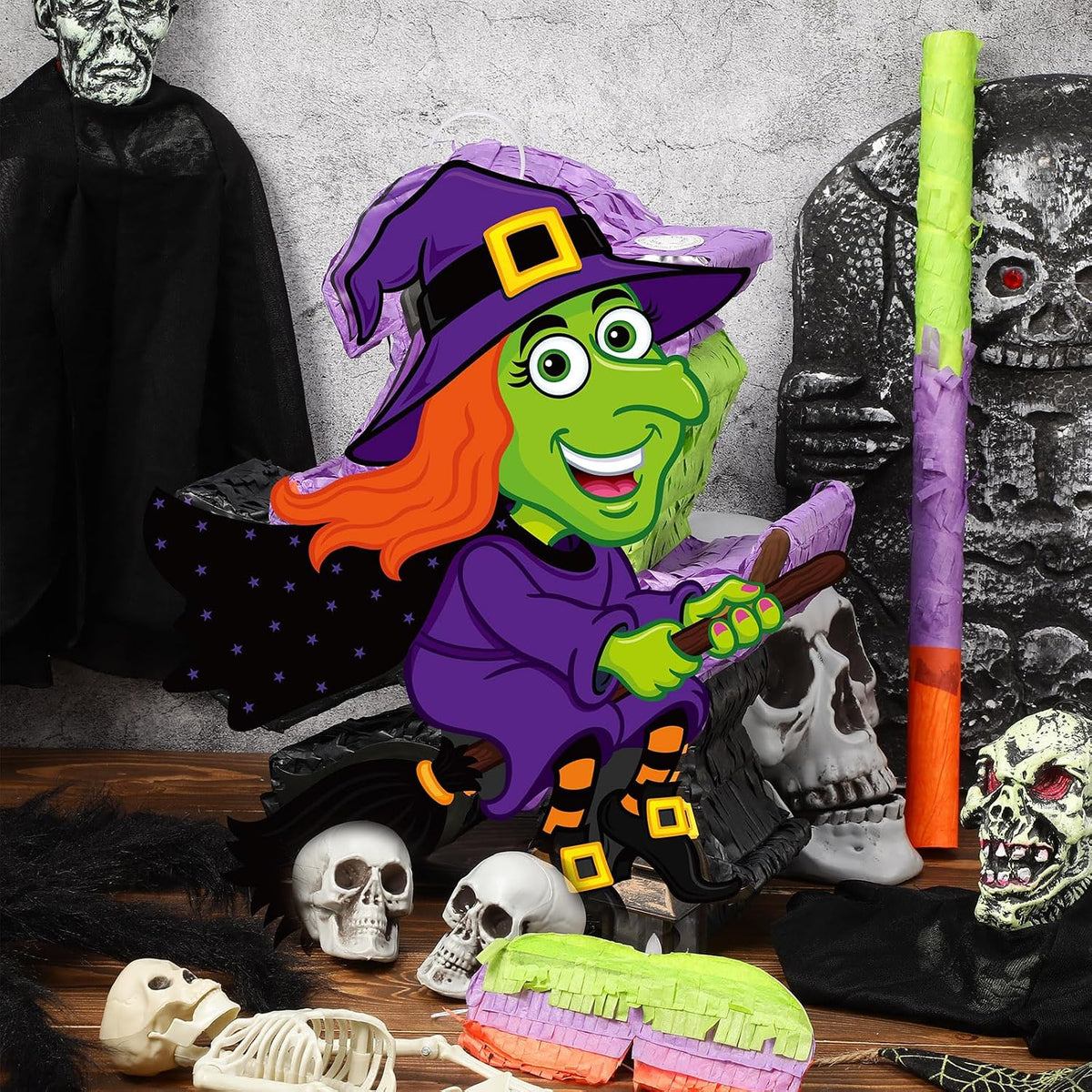 Aoriher Halloween skull piñata with bat stick, blindfold and square confetti - view 32