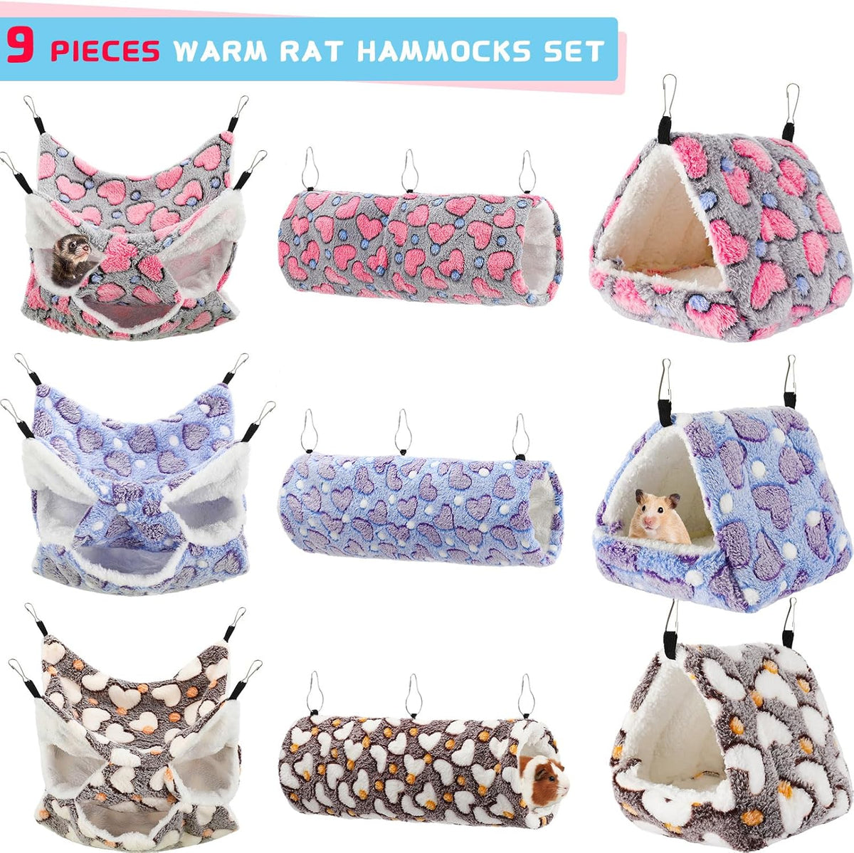 Abbylike 9 Pieces Rat Hammock 3 Tier Guinea Pig Ferret Hammocks Small - Purple, Brown, Gray / Heart - image 4