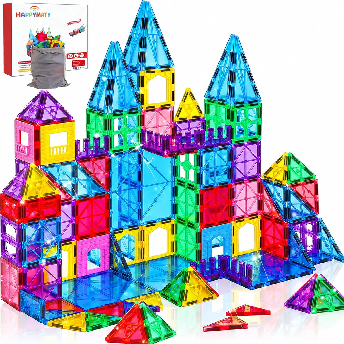 Antibacterial Magnetic Tiles - 124 PCS (4 XL Squares Included)