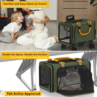 PAWZIDEA Pet Carrier with Wheels, 18x11x11 TSA Airline Approved Cat Carrier for 2 Cats Under Seat, Expandable Soft-Sided Dog Carrier for Small Dogs Rolling Travel Bag with Telescopic Handle, Foldable