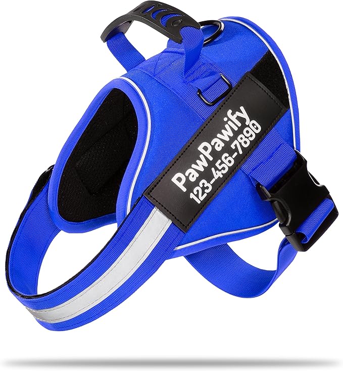 PawPawify Custom No Pull Dog Harness with Name and Phone Number, Heavy Duty Personalized Pet Vest to Prevent Tugging, Pulling, or Choking, Training and Walking (New Blue, XXL (85-140 LBS))