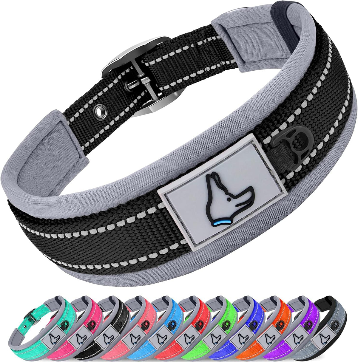 Joytale Reflective Dog Collar for Large Dogs with Wide Padding - Black / L