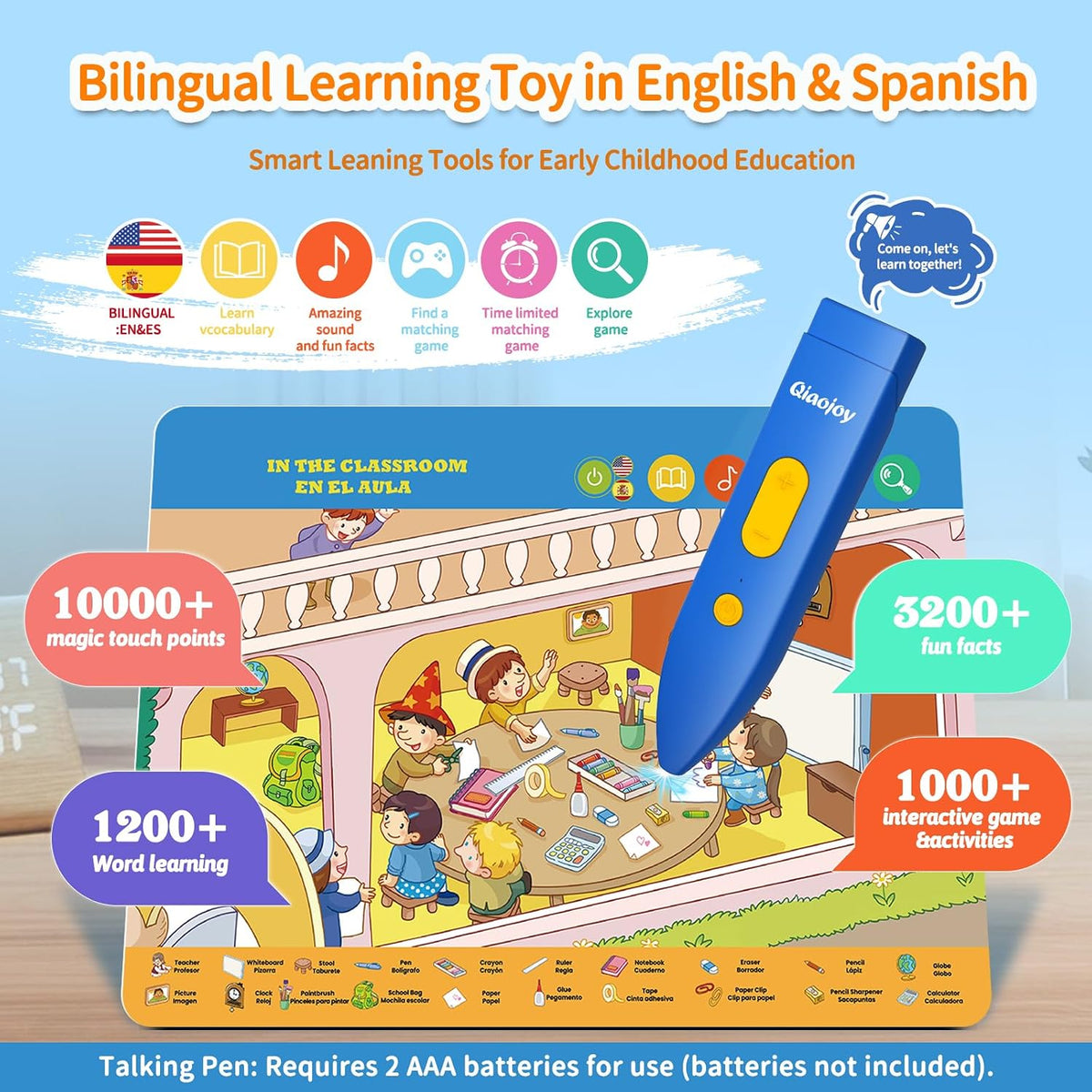 Qiaojoy Bilingual Interactive World Map for Kids Learning Educational - Search and find - image 2