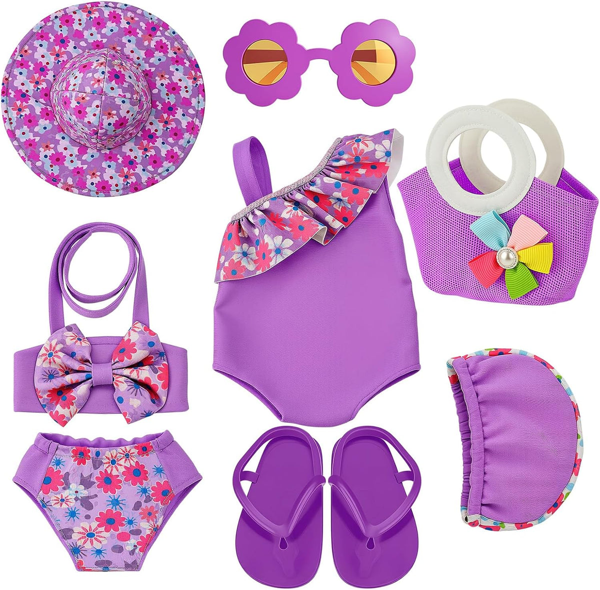 Kajaia 8 Pcs 18 Inch Doll Swimsuits Clothes and Accessories – Fun for Kids & Family - Purple / Swimsuit