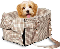 Dog Car Seat for Small Dogs, Center Console Seat for Puppy - Grid Brown