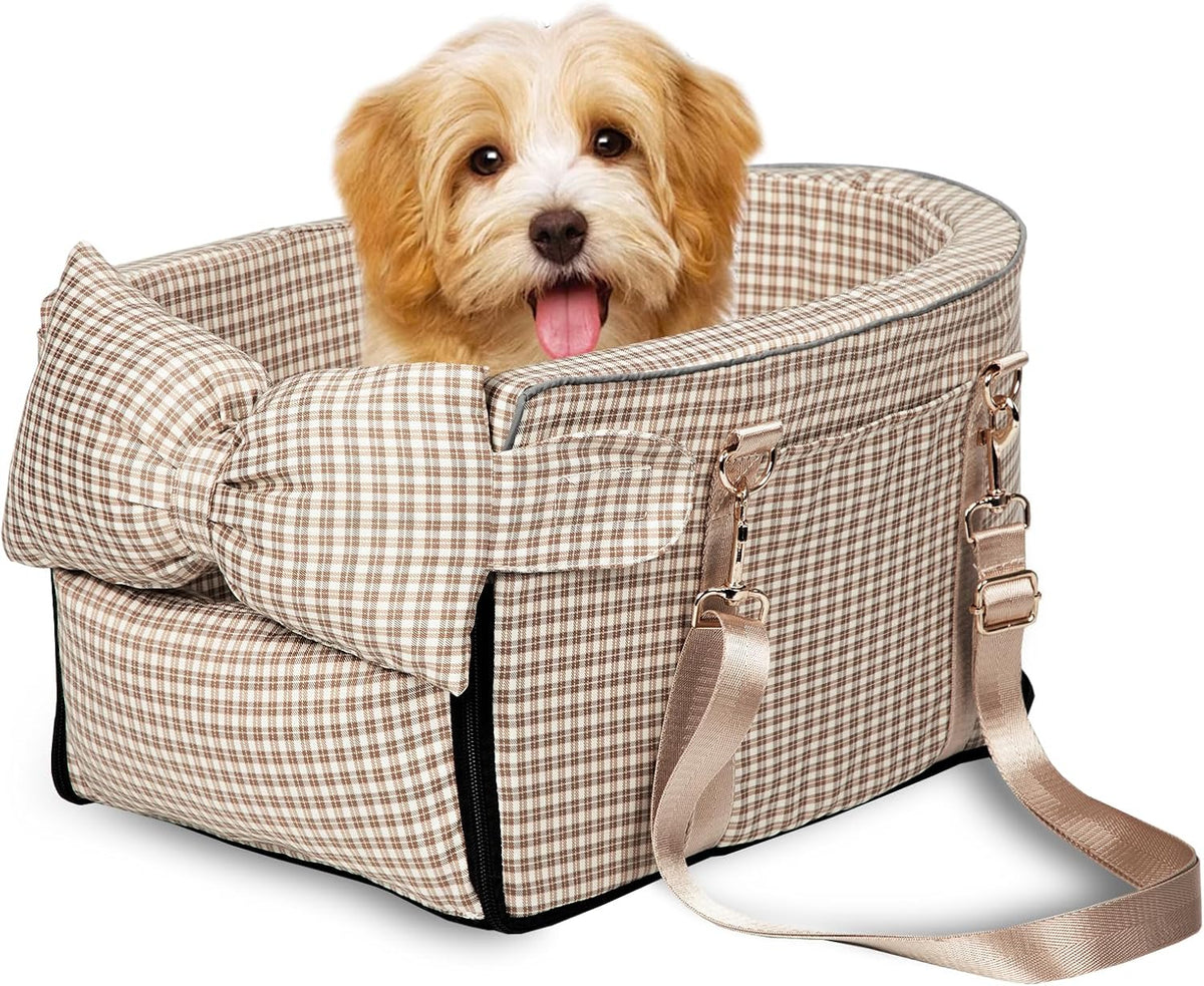 Dog Car Seat for Small Dogs, Center Console Seat for Puppy - Grid Brown
