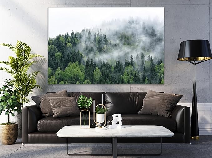Nature Wall Art Prints - Ocean Forest Mountain Lake Canvas Landscapes - Small to Extra Large Living Room Bedroom Kitchen Bathroom Décor (Pine Trees in Fog, 24L" x 36W")