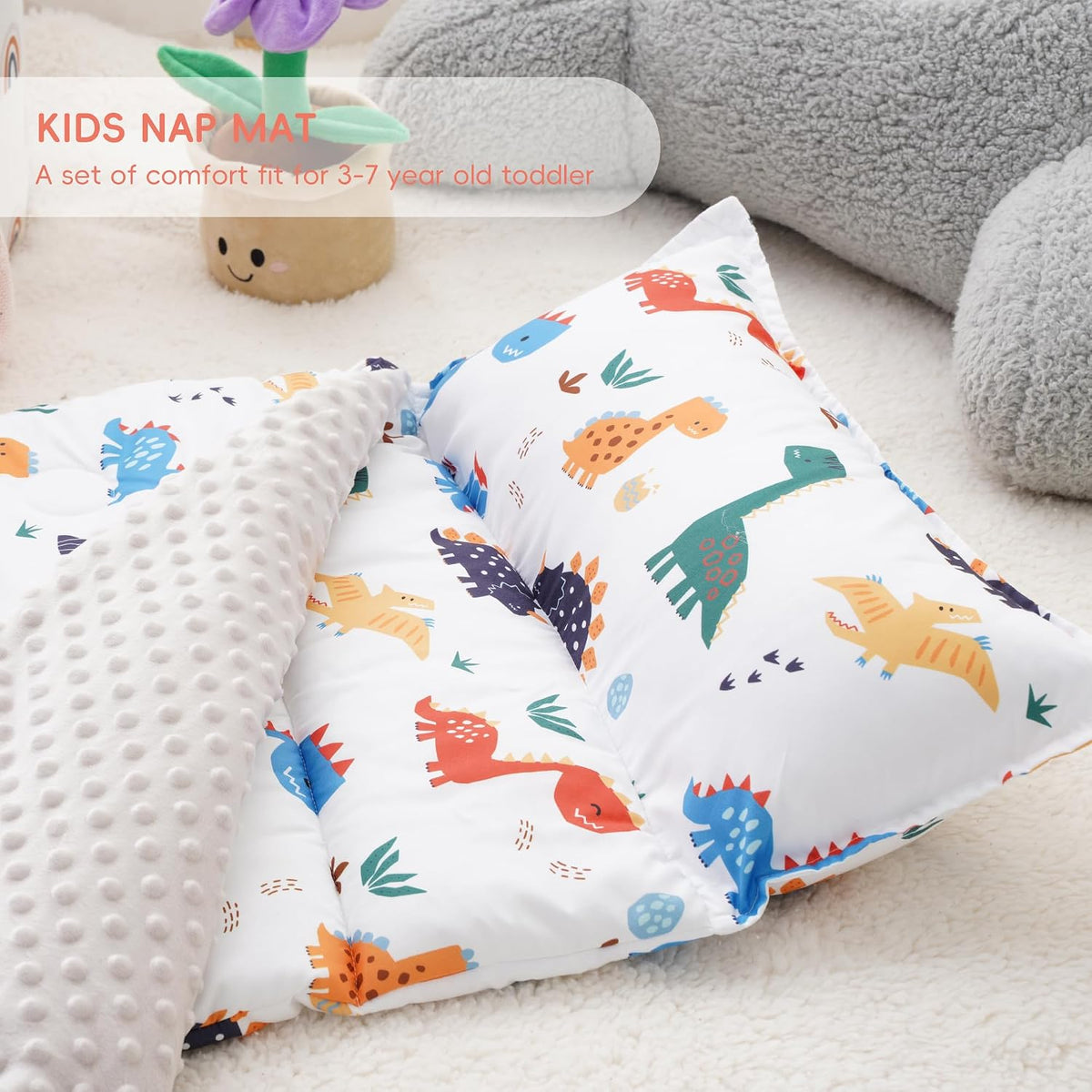Bunnikins & Clover Toddler Nap Mat with Removable Pillow - Dinosaur White - image 4
