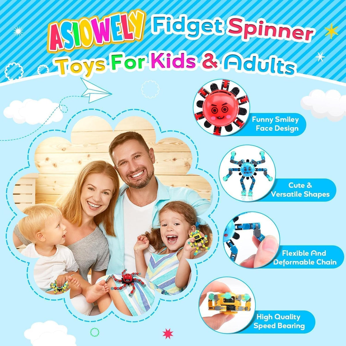 Transformable Fidget Spinner Toys for Kids and Adults - 1 Red+1 Orange+1 Yellow+1 Blue - image 2