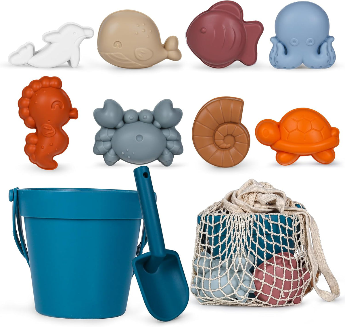MarcZero 11Pcs Silicone Beach Toys, Bucket & Sand Toys - Dark Blue