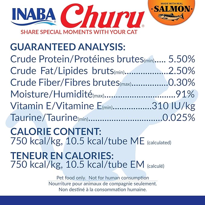 INABA Salmon Churu Cat Treats, Lickable, Squeezable Creamy Purée Cat Treat with Green Tea Extract & Taurine, 0.5 Ounces Each Tube, 24 Tubes (4 per Pack), Salmon Recipe