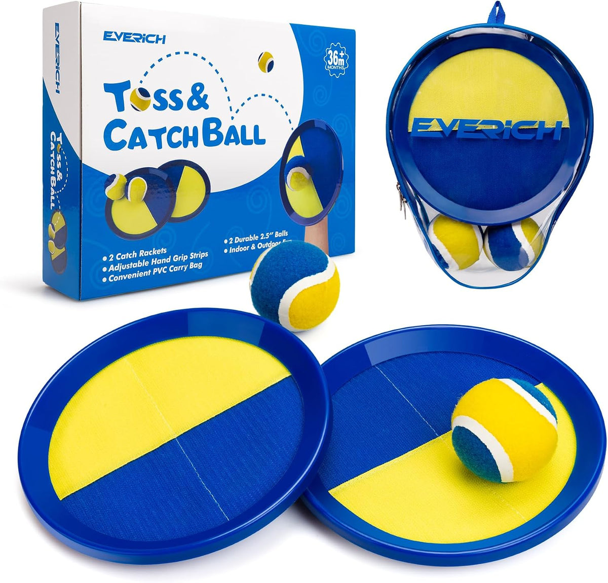 EVERICH TOY Toss and Catch Ball Game Set - Dark Blue Yellow / 2 Paddles 2 Balls